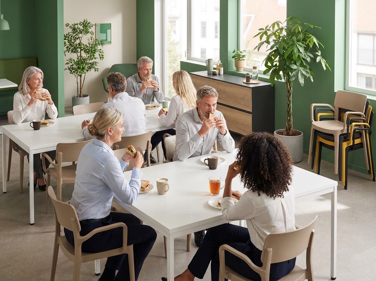 Kantine met stapelbare stoelen, inklaptafels en lachende mensen