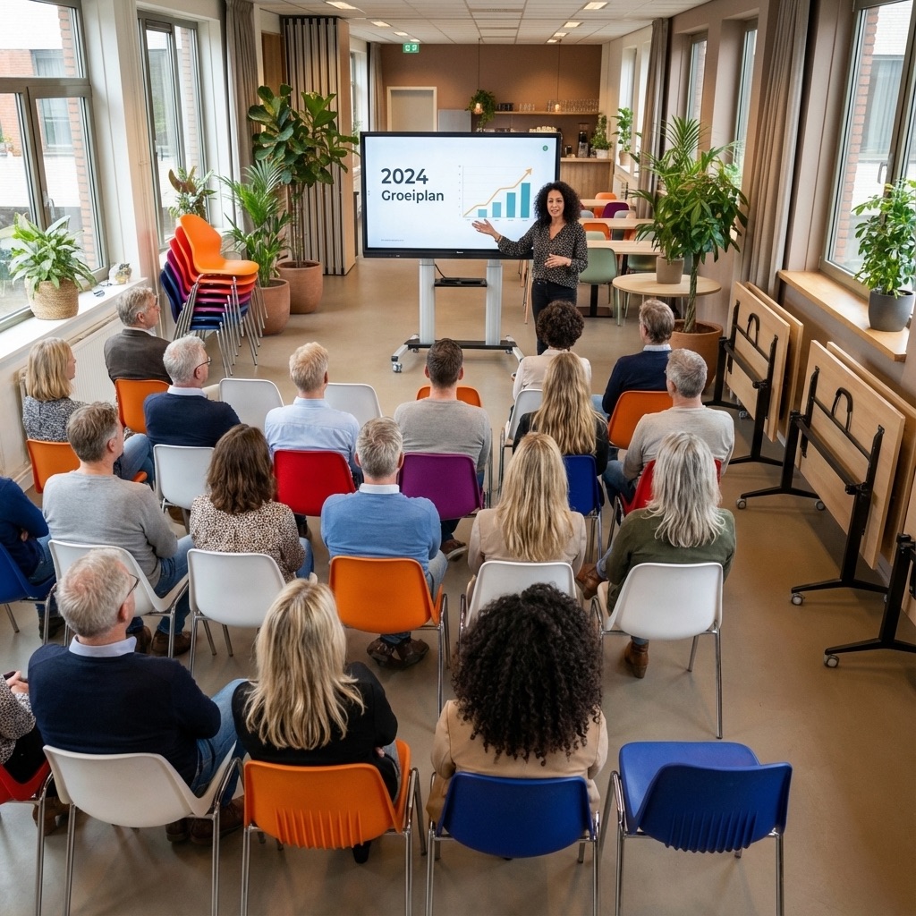 Klaptafels en stapelstoelen tijdens presentatie met lachende werknemers