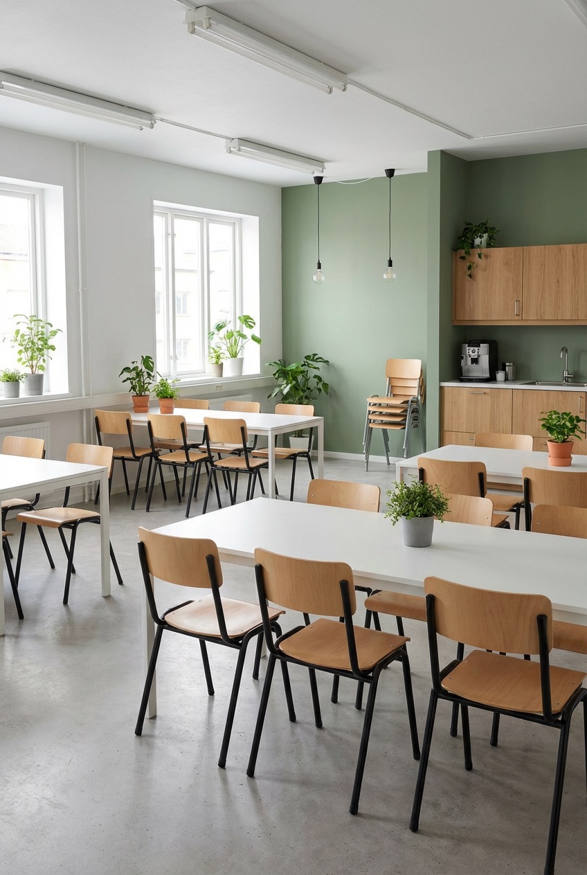 Basic kantoorinrichting. Een kantine met kantinestoelen en kantinetafels.