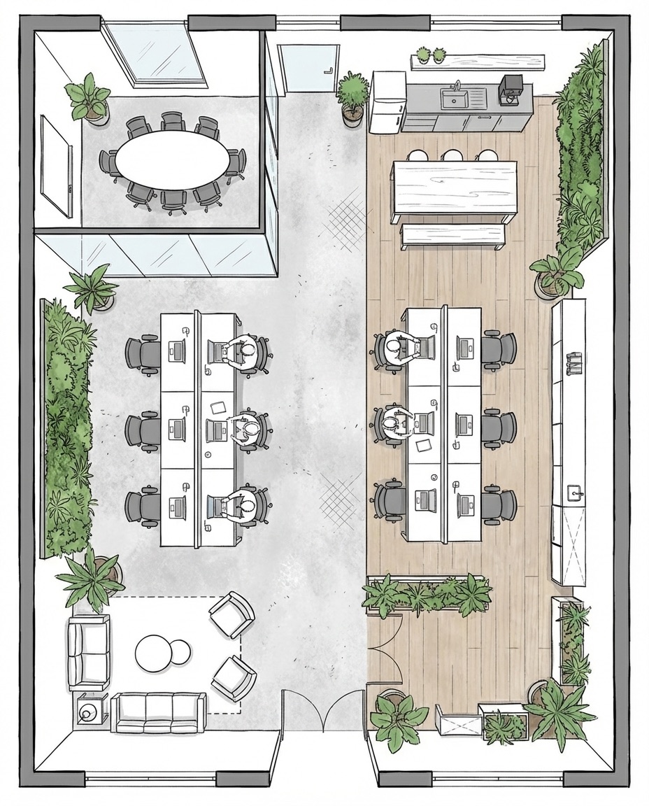 Inrichting van een kantoorpand met werkplekken.