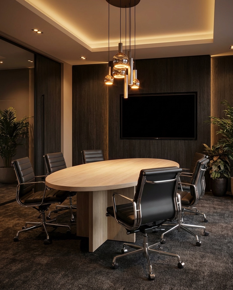 Luxe kantoorinrichting met design vergadertafel en vergaderstoelen