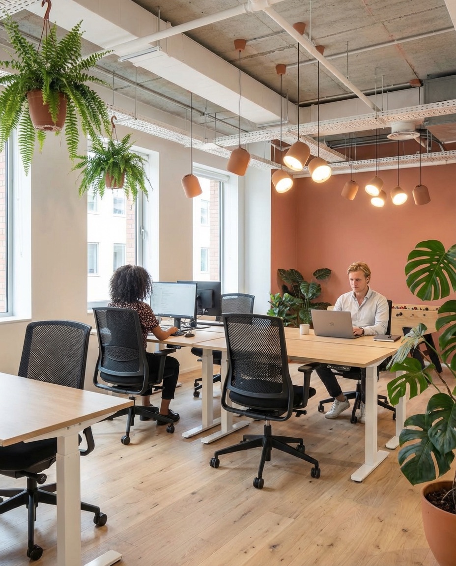 Standaard kantoorinrichting met ergonomische bureaustoelen en zit sta bureaus.