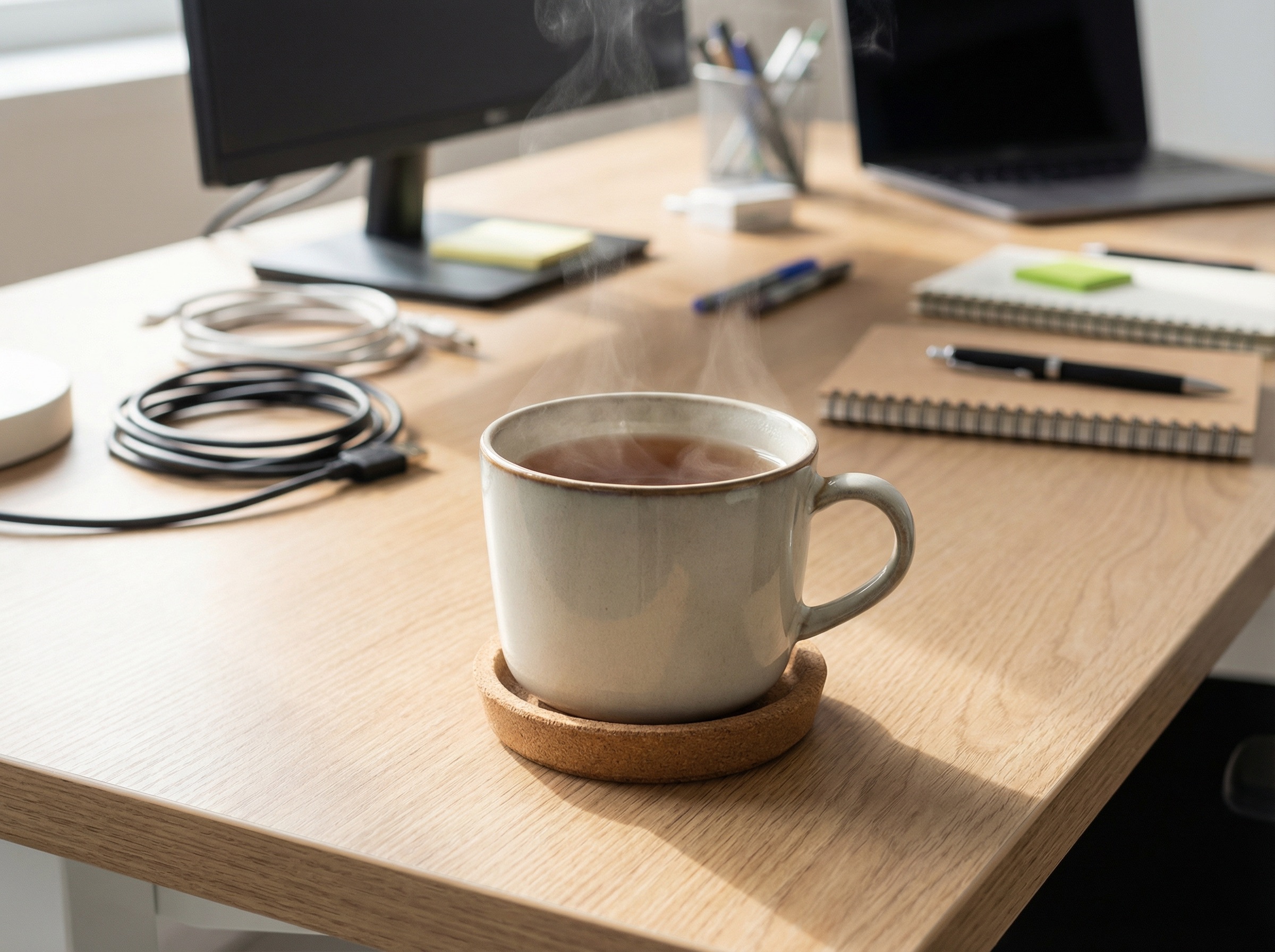 Een kopje hete thee op een bureaublad met melamine