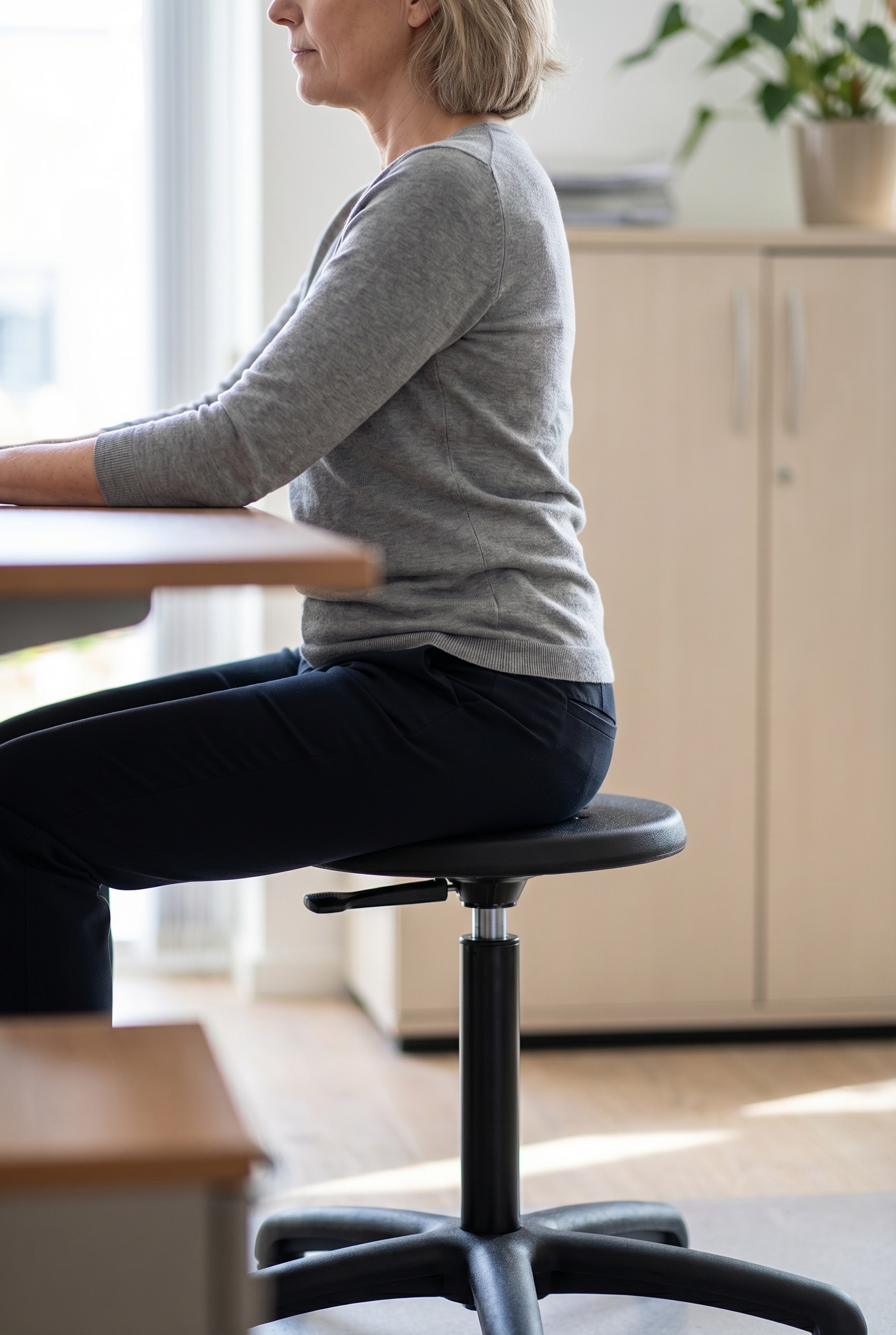 ergonomisch werken op ergonomische kruk vrouw KMP
